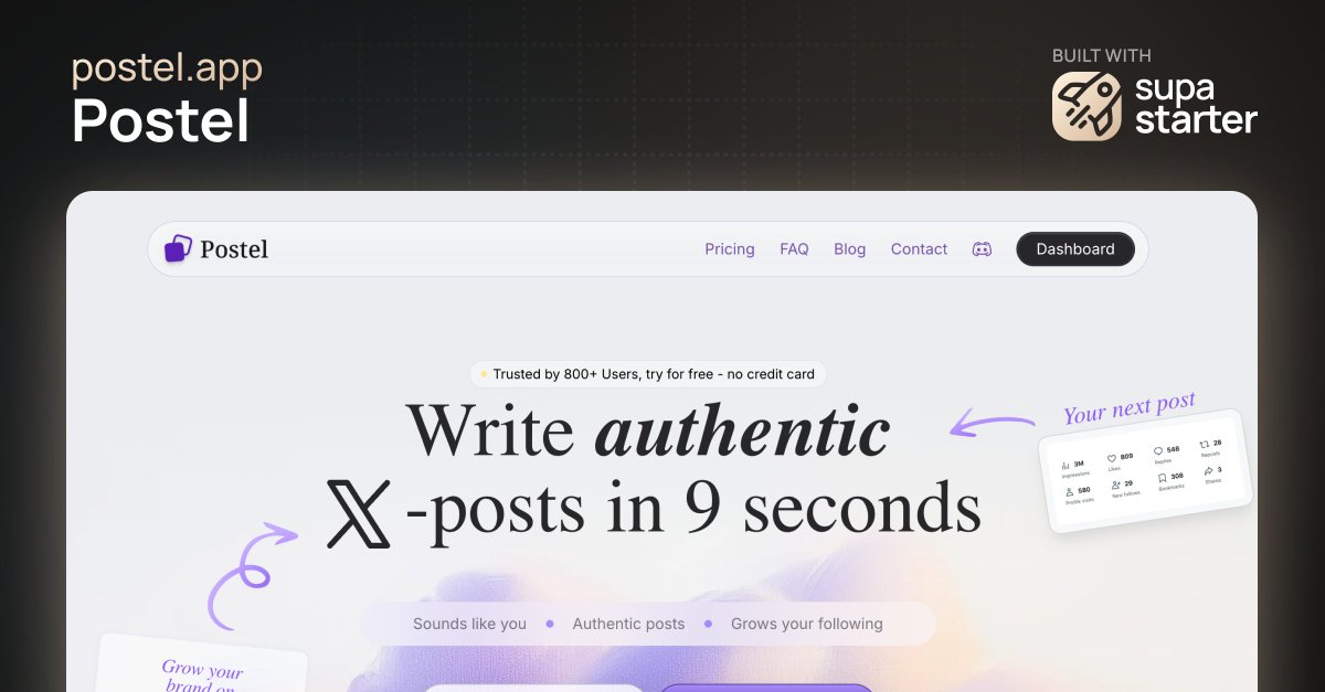 postel.app lets you boost your X growth by creating authentic content that sounds like you.

#builtwithsupastarter