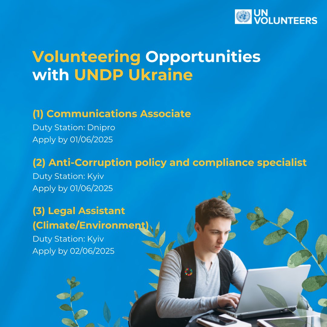 UN Volunteers Ukraine 🇺🇦 (@ua_unv) on Twitter photo ⚡️ We are pleased to announce open assignments for <a href="/UNDPUkraine/">UNDP Ukraine 🇺🇦</a> in Dnipro and Kyiv.
🔵 Communications Associate
🔗 app.unv.org/opportunities/…
🔵 Anti-Corruption policy and compliance specialist
🔗 app.unv.org/opportunities/…
🔵 Legal Assistant
🔗 app.unv.org/opportunities/… ⚡️ We are pleased to announce open assignments for <a href="/UNDPUkraine/">UNDP Ukraine 🇺🇦</a> in Dnipro and Kyiv.
🔵 Communications Associate
🔗 app.unv.org/opportunities/…
🔵 Anti-Corruption policy and compliance specialist
🔗 app.unv.org/opportunities/…
🔵 Legal Assistant
🔗 app.unv.org/opportunities/…