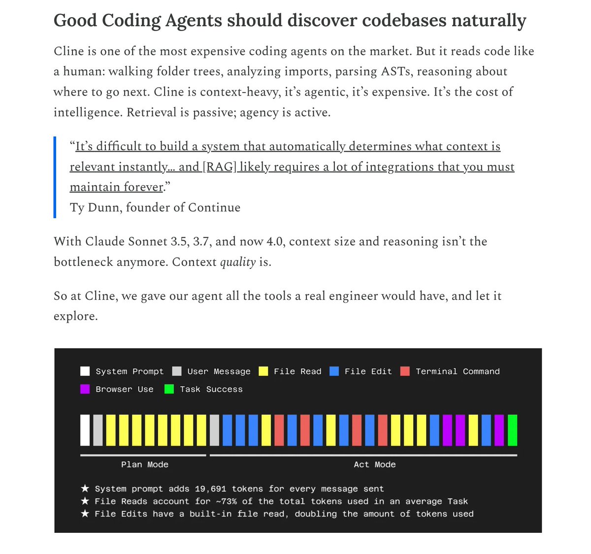cline'da head of ai pozisyonundaki bi abinin coding agent'larda neden rag kullanmıyoruz diye bir yazısını okudum demin.

şöyle diyor kısaca: 

".. but for autonomous coding agents, rag is a massive distraction, both for your team and for the agent itself..."

ama bunu code