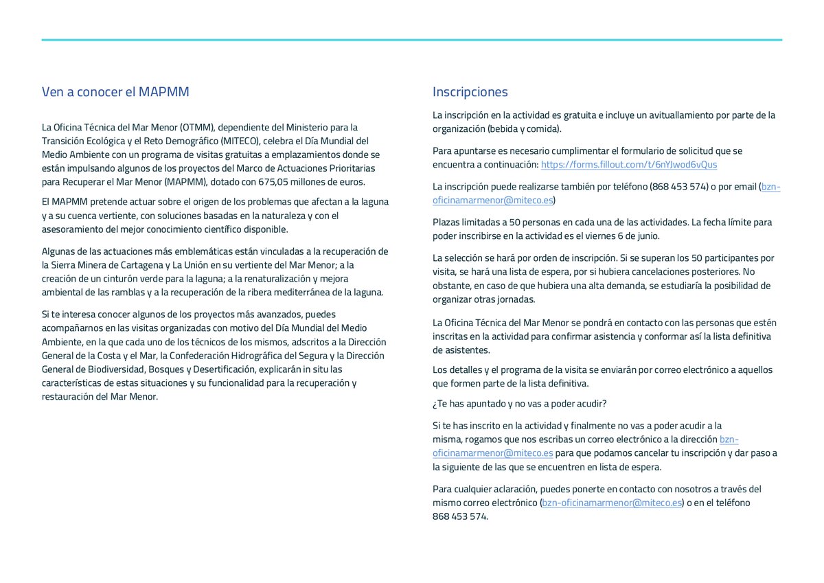 Oficina Técnica del Mar Menor (@oficinamarmenor) on Twitter photo 📢 No te pierdas la ocasión de conocer los proyectos del <a href="/mitecogob/">Transición Ecológica y Reto Demográfico</a> para recuperar #MIMArMEnor y su cuenca vertiente
💚<a href="/OficinaMarMenor/">Oficina Técnica del Mar Menor</a> celebra el #DíaMedioAmbiente con visitas guiadas gratuitas a los proyectos del MAPMM (10 y 12 de junio).
📄Inscríbete 👇
forms.fillout.com/t/6nYJwod6vQus 📢 No te pierdas la ocasión de conocer los proyectos del <a href="/mitecogob/">Transición Ecológica y Reto Demográfico</a> para recuperar #MIMArMEnor y su cuenca vertiente
💚<a href="/OficinaMarMenor/">Oficina Técnica del Mar Menor</a> celebra el #DíaMedioAmbiente con visitas guiadas gratuitas a los proyectos del MAPMM (10 y 12 de junio).
📄Inscríbete 👇
forms.fillout.com/t/6nYJwod6vQus