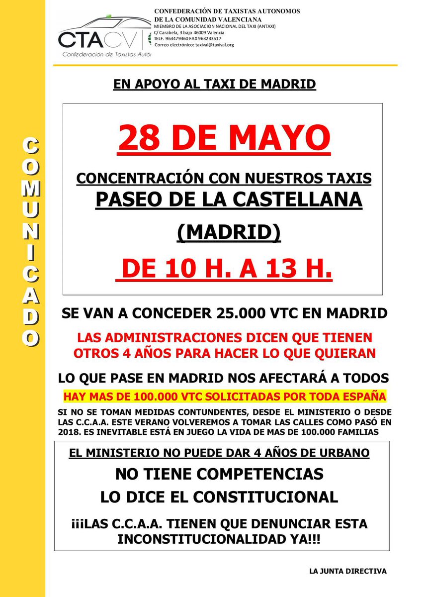 🔜 El próximo miércoles estaremos apoyando al #taxi de Madrid en la concentración en el Paseo de la Castellana ante la concesión de 25.000 nuevas #VTC pese a no tener competencias ⚠️

¡Debemos denunciar este abuso inconstitucional! #TaxiEnLucha 🚖🪧