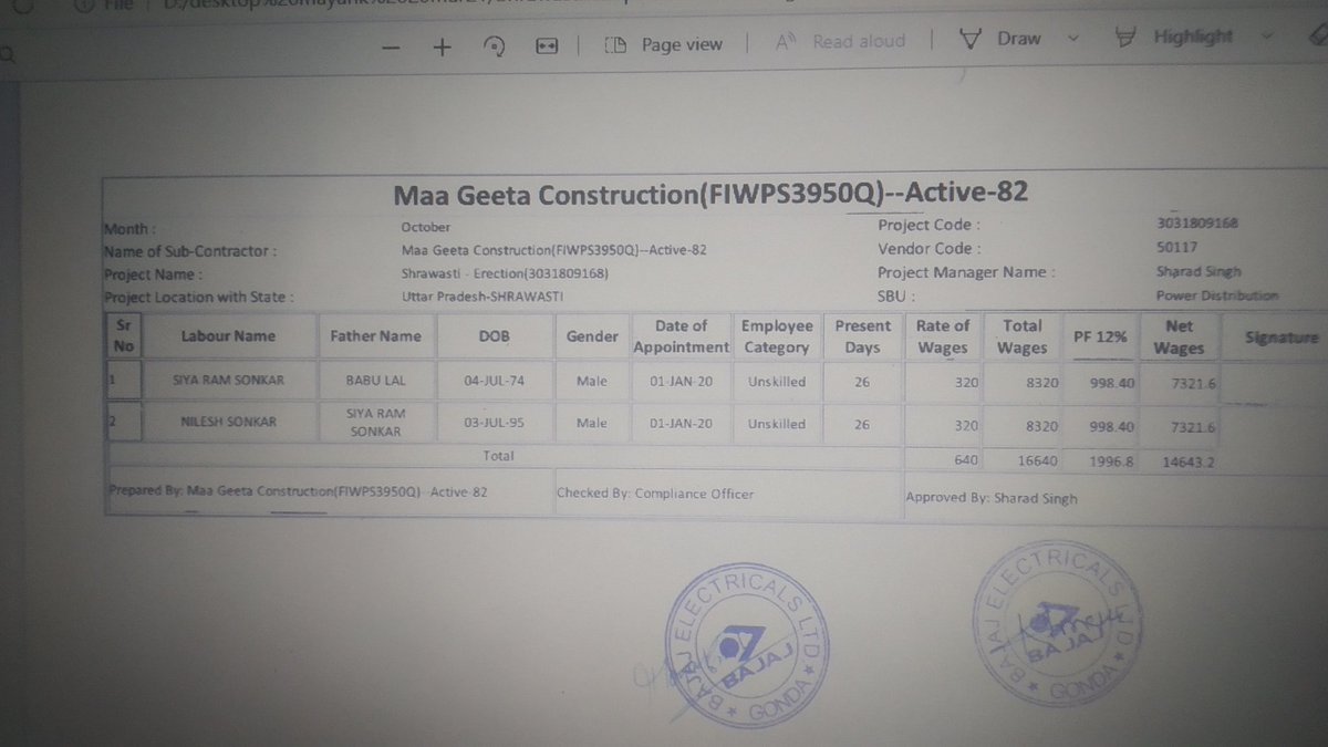 surajsonkar747's tweet photo. Bajaj Electrical/ bajel made the final bill of Maa Geeta Construction for Rs 662,967/- and gave around Rs 405000 and deducted payment in the name of labour PF. When asked for the labour PF UIN no. they are saying they cannot give it. What was said? https://t.co/CqQsRbtQCW