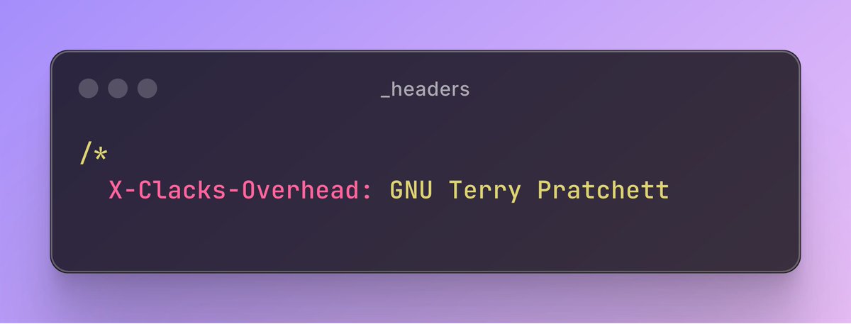 blackspikeltd's tweet photo. In honour of Terry Pratchett &amp; The Glorious 25th of May, you can set  your X-Clacks-Overhead: GNU Terry Pratchett header on netlify-hosted  apps by adding a _headers file  

https://t.co/4kEa6cWQ5p   

"A man is not dead while his name is still spoken." https://t.co/nTgSv6tRoj