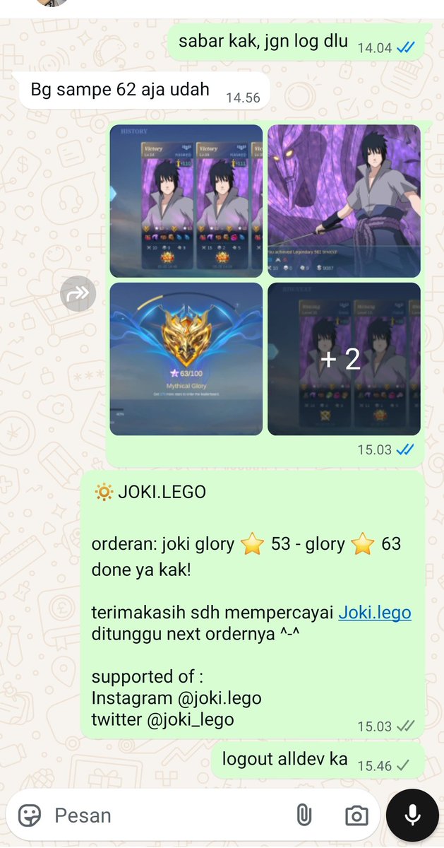 joki_lego's tweet photo. TESTIMONI JOKI LEGO #53✅

📝order : glory⭐53 - glory ⭐63
🕹️req hero/role : jungler

buat yang mau order jasa joki ml, joki gendong atau lainnya. bisa wa ke nomer yang dibio.

privasi aman, proses cepat.
#testijokilego https://t.co/DlF5fyAcqD