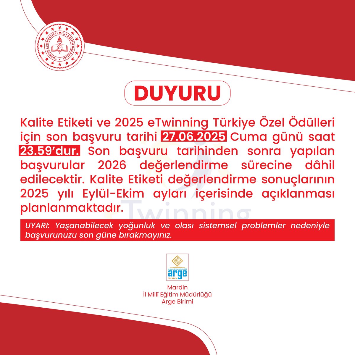 📢 Kalite Etiketi ve 2025 eTwinning Türkiye Özel Ödülleri için son başvuru tarihi duyurusu.

📌 Detaylı bilgi ve başvuru rehberi için; etwinning.meb.gov.tr/wp-content/upl…

<a href="/tcmeb/">Millî Eğitim Bakanlığı</a>
<a href="/Mardin_Valiligi/">Mardin Valiliği</a> 
<a href="/mardinilmem/">Mardin İl Millî Eğitim Müdürlüğü</a>
<a href="/ali_eyyupkoca/">Ali Eyyupkoca</a>
<a href="/tretwinning/">eTwinning Türkiye</a>
