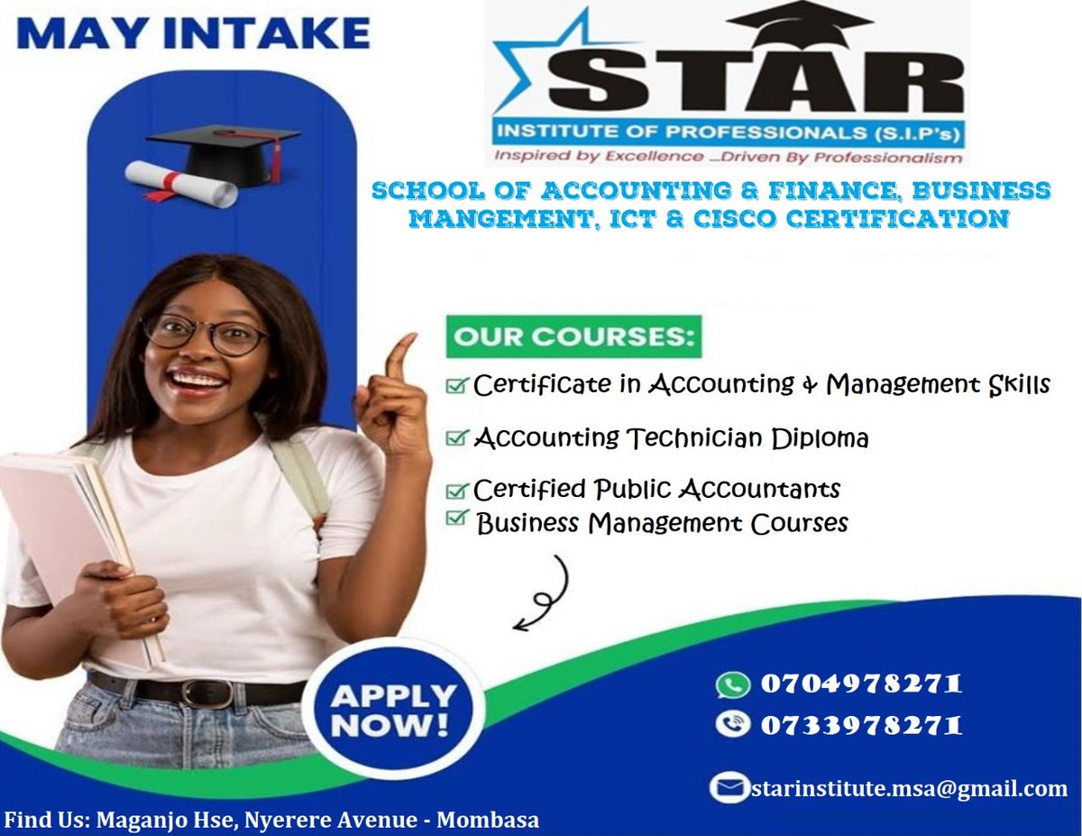 MombasaStar's tweet photo. Your future is calling!
Join Star Institute this May and gain the skills to succeed in Accounting & Management.
Courses open for everyone!
#StarInstitute #MayAdmissions #EducationForAll #Mombasa https://t.co/cMBQyopyNP