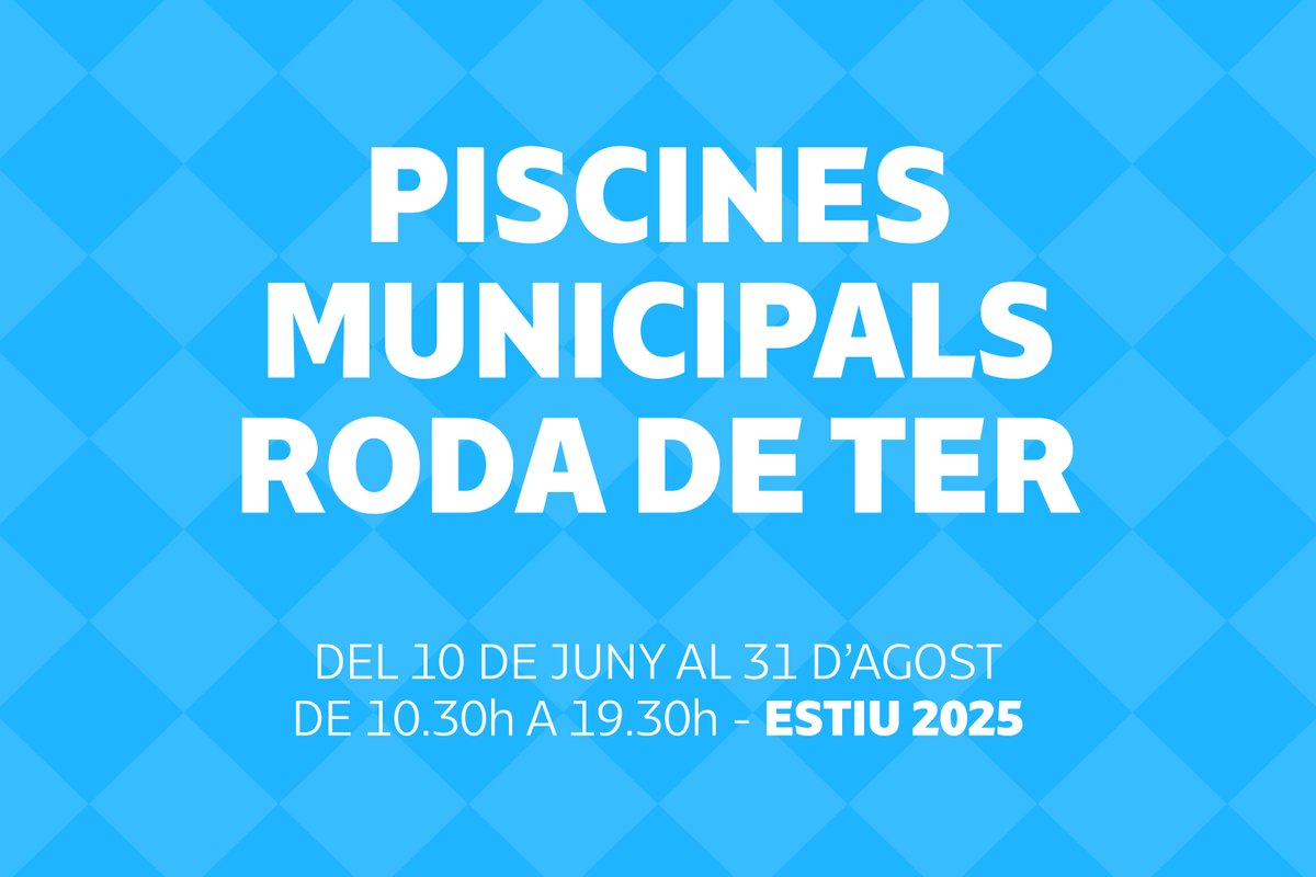 🎟️ A partir d’avui, 26/5, ja pots comprar l’abonament de les piscines de #RodaDeTer (residents).
📅 Fins al 23/6
📍 Pavelló d’Esports o online
🔜 No residents: del 10 al 23/6
🏊 Obertura de piscines: 10/6
ℹ️ tuit.cat/y1iLa
#Piscines2025 #EstiuRoda