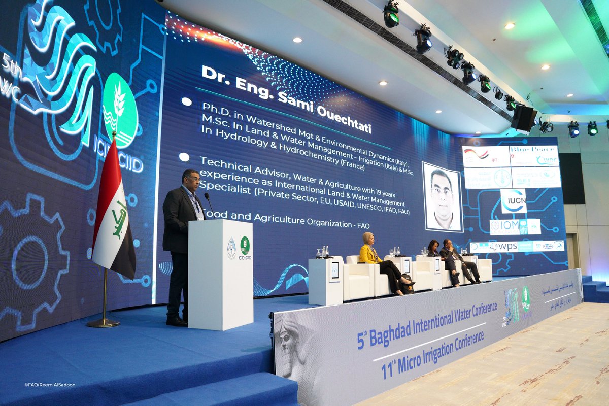 FAOIraq's tweet photo. As part of its participation in the 5th Baghdad International Water Conference #BIWC, @FAOIraq,in collaboration w/ @FAO, @FAOinNENA_EN &amp; @icidorg ,organized 2️⃣ specialized sessions focused on promoting sustainable water management to support agriculture in Iraq and the region💧🌾 https://t.co/np7uyT0NZx