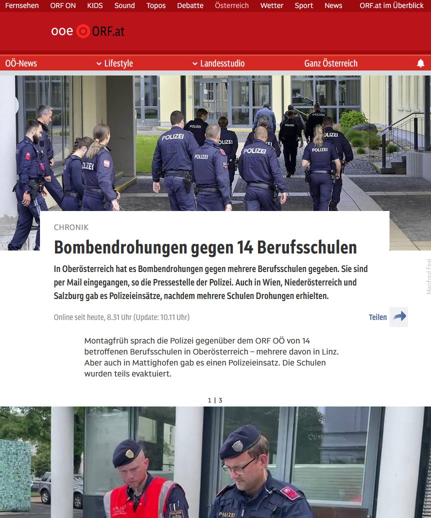 LinuxEmbed27's tweet image. Hui, bei uns gehts rund!
#Bombendrohung in 7 Bundesländern

ooe.orf.at/stories/330692…
noe.orf.at/stories/330691…
salzburg.orf.at/stories/330694…
wien.orf.at/stories/330694…
steiermark.orf.at/stories/330694…
burgenland.orf.at/stories/330694…