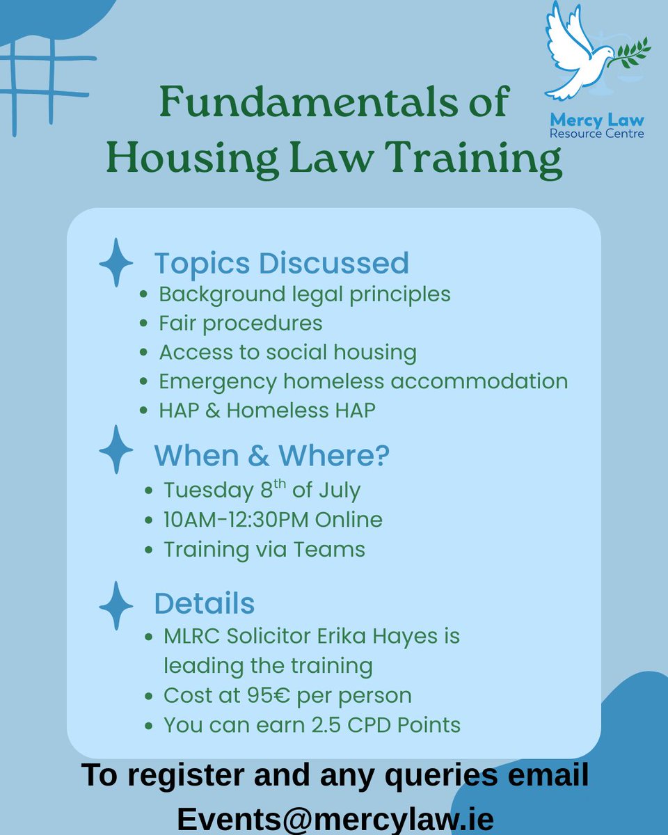 MLRCLaw's tweet photo. Following our recent Fundamentals of Housing Law training, led by MLRC Solicitor Erika Hayes, we were delighted to receive this thoughtful feedback from Dr. Sally Anne Corcoran, Advocacy and Engagement Manager at COPE Galway. 

Register by emailing: events@mercylaw.ie https://t.co/oO2dIDQd0o