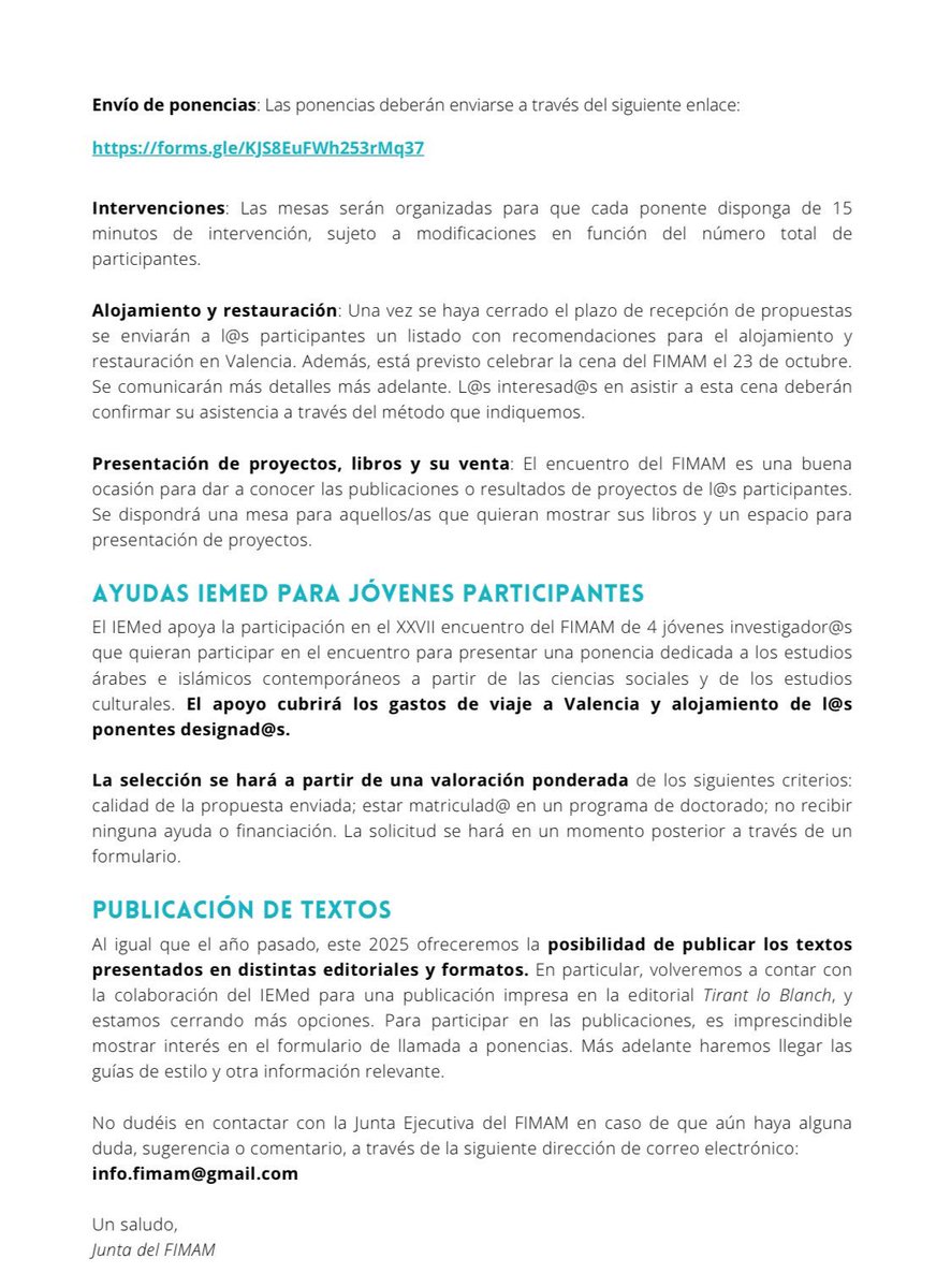 📢 ¡Ampliamos el plazo!

Si aún no has enviado tu propuesta para el XXVII #FIMAM, tienes hasta el 2 de junio para hacerlo ‼️

Nos encantará leerte y contar contigo en Valencia este octubre.

🔗 Formulario de inscripción 👇🏽
forms.gle/KJS8EuFWh253rM…