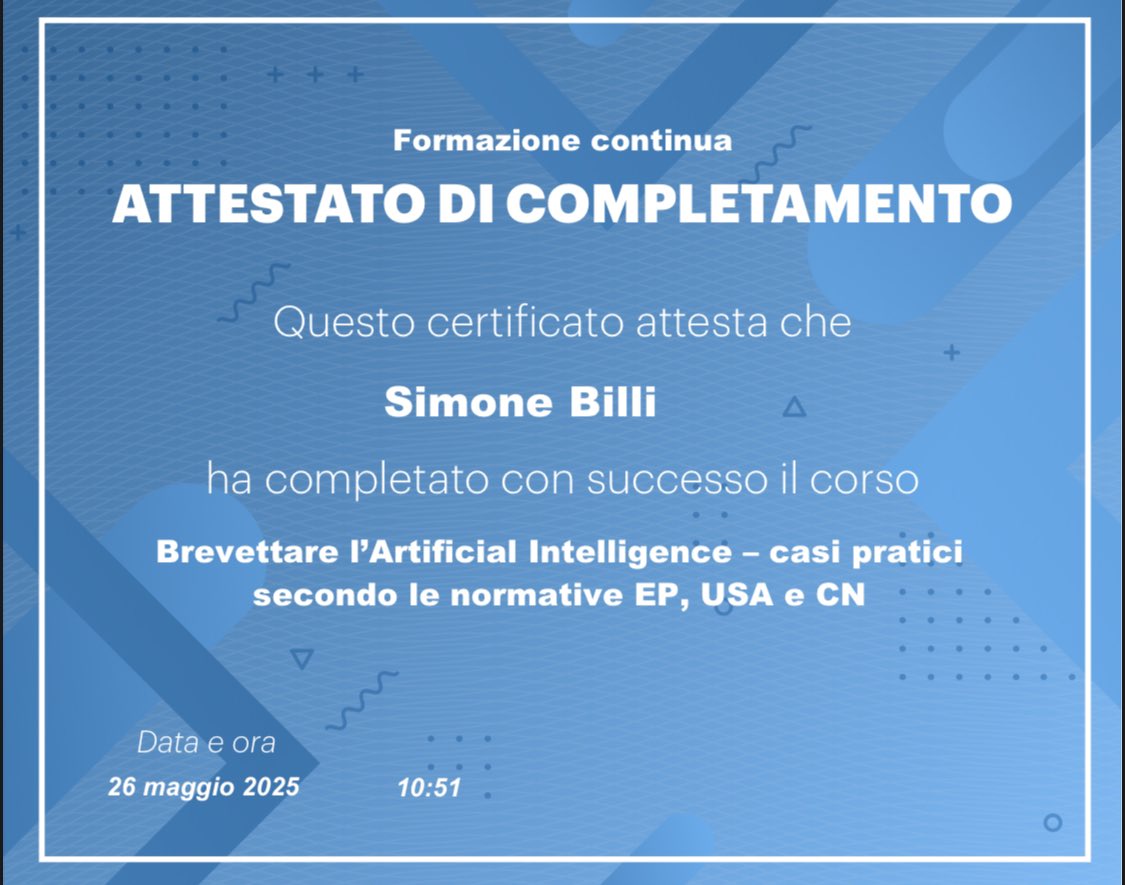 simo_billi's tweet photo. #Brevetti #IntelligenzaArtificiale #PatentLaw #FormazioneContinua #EP #USPTO #CNIPA https://t.co/q9dtRyEQov