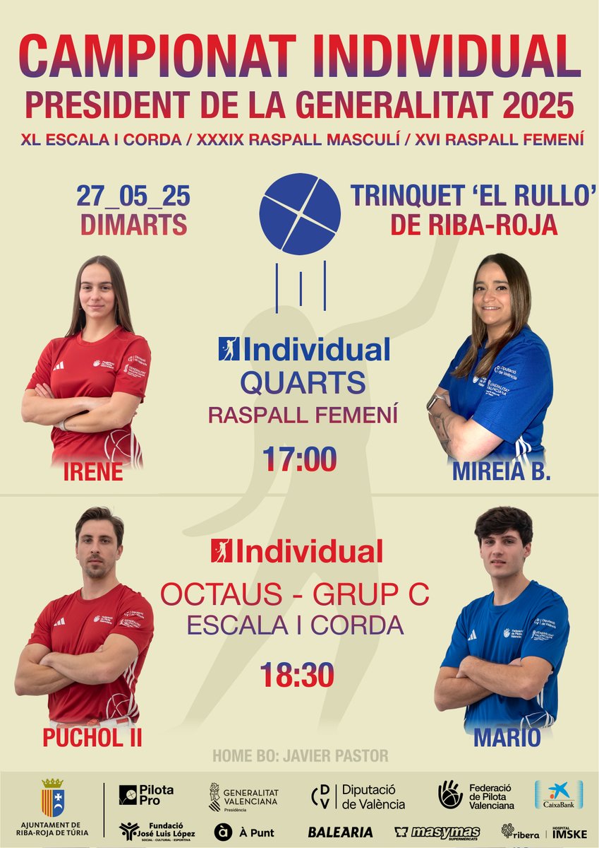 𝐈𝐧𝐝𝐢𝐯𝐢𝐝𝐮𝐚𝐥 (dilluns i dimarts)

▪️ 26/05 - Trinquet Pobla de Vallbona: 'Puma'🆚 Alejandro // De la Vega 🆚 J.Palau

▪️ 27/05 - Trinquet d'Oliva Amparo🆚 Mar // Vicent 🆚 Ian  // Tonet IV 🆚 Murcianet 

▪️ 27/05 - Trinquet de Riba-roja: Irene 🆚 Mireia // Puchol 🆚 Mario