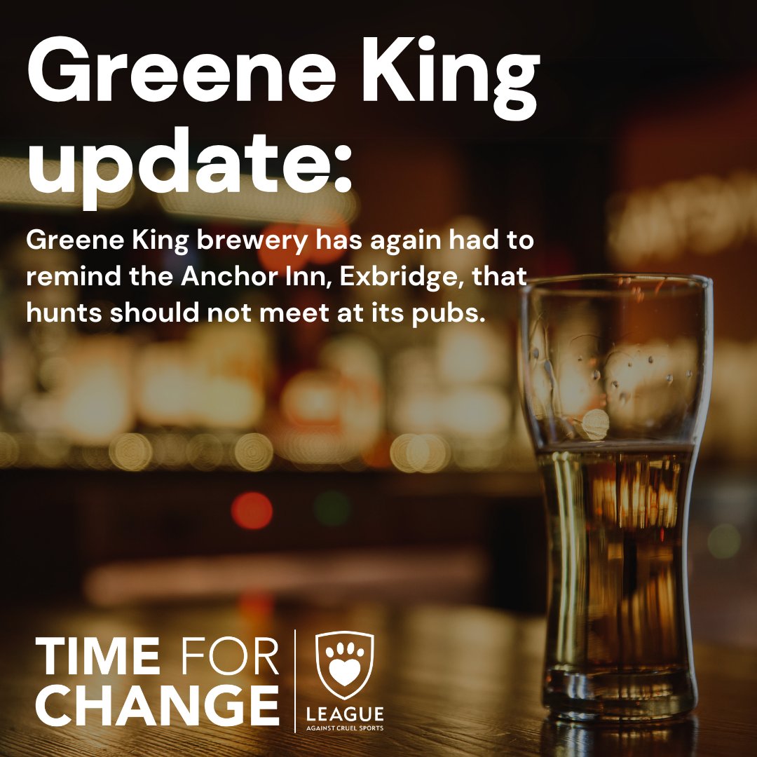 League Against Cruel Sports (@leagueacs) on Twitter photo We've alerted <a href="/greeneking/">Greene King</a> after the Quantock Staghounds were seen meeting once again at the Anchor Inn. The brewery has reminded its tenant for the third time that hunts should cease meeting at its pubs, and we thank the company for taking action.
leagueacs.co.uk/J5hcy We've alerted <a href="/greeneking/">Greene King</a> after the Quantock Staghounds were seen meeting once again at the Anchor Inn. The brewery has reminded its tenant for the third time that hunts should cease meeting at its pubs, and we thank the company for taking action.
leagueacs.co.uk/J5hcy