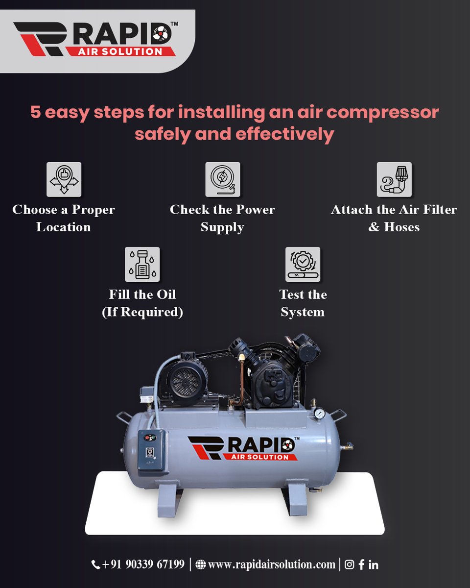 rapidairsol's tweet photo. Installing Made Simple with Rapid Air Compressor! 🛠���
Setting up industrial power is easy with Rapid — just 5 simple steps to get your Air Compressor running!
📞 Call/WhatsApp: +91 93270 08983
📩 Visit: https://t.co/TojDA0KewH
#RapidAirSolution #AirCompressor #InstallationGuide https://t.co/3zTQEzU4QN