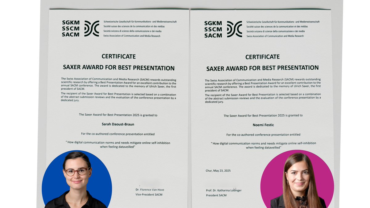 IKMZmediachange's tweet photo. We warmly congratulate our team members @SaraahDB 
and @noemifestic for winning the 2025 Saxer Award for Best Presentation at the @SGKM_SSCM  Annual Conference for their work on how motives for digital communication mitigate the chilling effects of dataveillance! 👏 https://t.co/ln1FGzYUqq