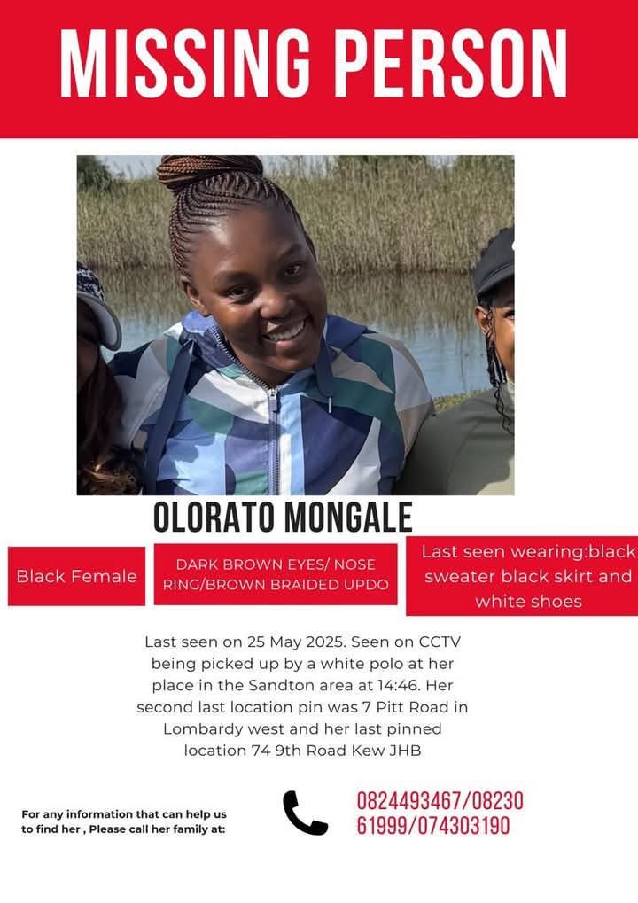 GivenReporter's tweet photo. The body of the missing Olerato Mongale has been recovered. Her  swollen, beaten dead body was dumped in Bramley yesterday by the same polo that picked her up when she went missing.

Police officials are appealing to the community to report whoever has seen the incident occur. https://t.co/zitoxDUPgJ