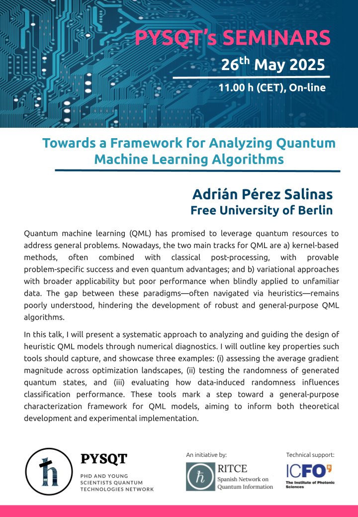 🎙️ Starting now!

Don’t miss our invited seminar with Adrián Pérez-Salinas from Free University of Berlin  "Towards a Framework for Analyzing Quantum Machine Learning Algorithms"

📍 Join us here: us02web.zoom.us/j/82854050409?…