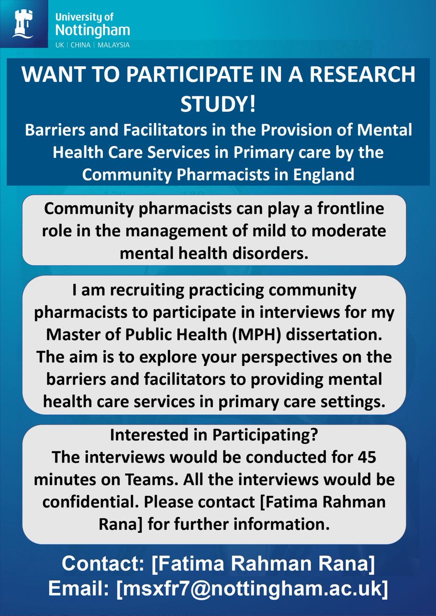 Healthcare Professionals working in Community settings in England- Please consider taking part in this research study being conducted by Fatima. #mentalhealth #pharmacy (MPH studentship project).