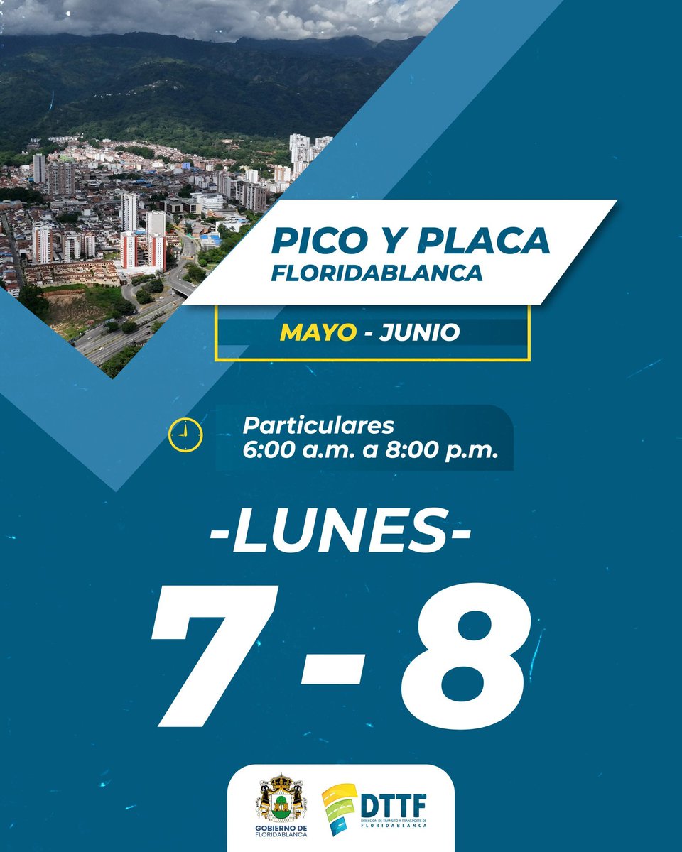 #PicoYPlacaMayo
🗓️ Lunes 26  de mayo
🚦 Placas terminadas en 7 y 8
🕕 Horario: de 6:00 a.m. a 8:00 p.m.
Recuerda planificar tu movilidad y evitar sanciones. ¡Entre todos mejoramos el tráfico! 🙌