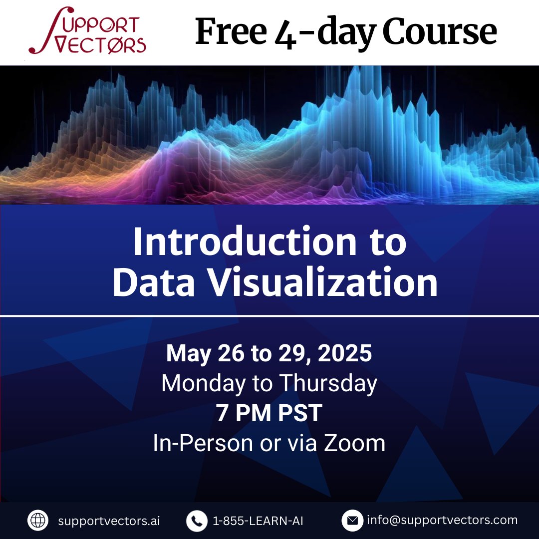 supportvectors's tweet image. Our Data Visualization with Python Course Starts Tonight!
Join us this evening for Day 1 of the Data Visualization with Python — a free, 4-day course designed for aspiring data scientists and data professionals, that will equip you with essential data visualization techniques…