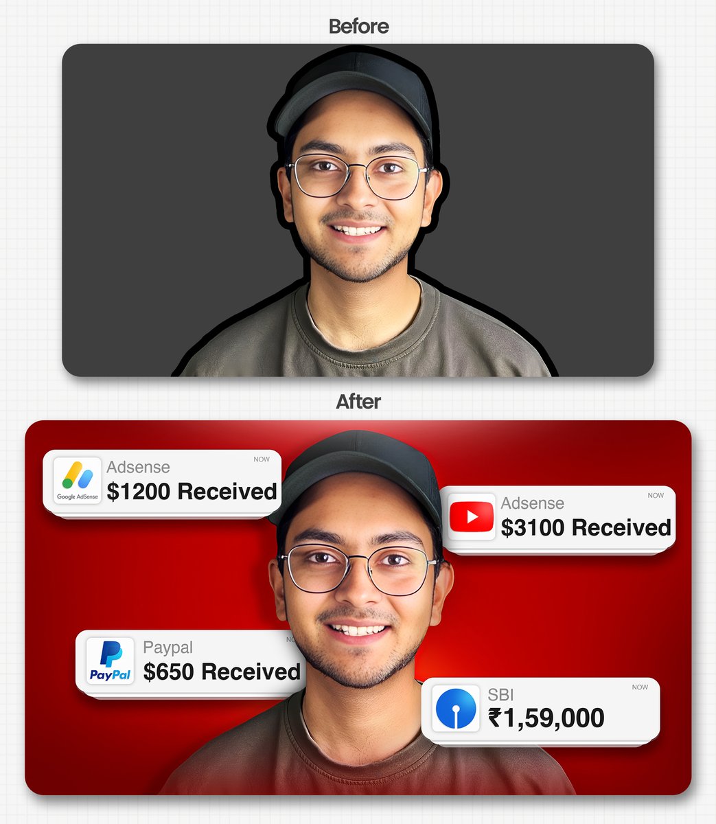 I've designed my own YouTube thumbnail.
This is before and after a post of a thumbnail.

In the video, I discussed 5 passive income ideas/sources for freelancers and revealed what I am earning from these sources.

Check the video here- yt.openinapp.co/7xtox

#Thumbnail #youtube