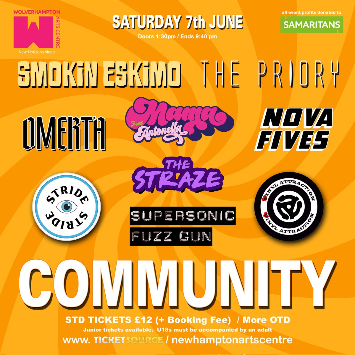 Community (@community_wmids) on Twitter photo Whilst Sat 7th June is about celebrating musical talent across the West Mids, its also about supporting those who have no-one to turn to.
All profits from the day are donated to <a href="/WolvesSams/">Wolves Samaritans</a> so come and enjoy the day and help someone else improve theirs.
wolverhamptonartscentre.co.uk/events/communi… Whilst Sat 7th June is about celebrating musical talent across the West Mids, its also about supporting those who have no-one to turn to.
All profits from the day are donated to <a href="/WolvesSams/">Wolves Samaritans</a> so come and enjoy the day and help someone else improve theirs.
wolverhamptonartscentre.co.uk/events/communi…