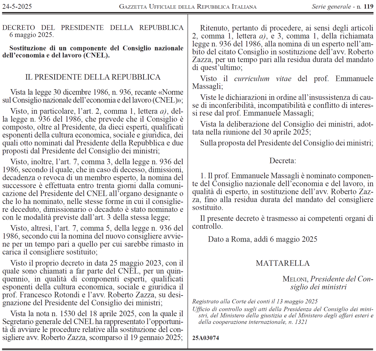 Emmanuele Massagli (@emassagli) on Twitter photo Onorato della nomina a componente esperto del <a href="/cnel_it/">Consiglio Nazionale dell'Economia e del Lavoro</a> su proposta di <a href="/Palazzo_Chigi/">Palazzo_Chigi</a>. Il D.P.R. <a href="/Quirinale/">Quirinale</a> del 6 maggio è stato pubblicato sabato in <a href="/gazzettauff/">Gazzetta Ufficiale</a>. Massimo impegno su #scuola #lavoro e #welfare Onorato della nomina a componente esperto del <a href="/cnel_it/">Consiglio Nazionale dell'Economia e del Lavoro</a> su proposta di <a href="/Palazzo_Chigi/">Palazzo_Chigi</a>. Il D.P.R. <a href="/Quirinale/">Quirinale</a> del 6 maggio è stato pubblicato sabato in <a href="/gazzettauff/">Gazzetta Ufficiale</a>. Massimo impegno su #scuola #lavoro e #welfare