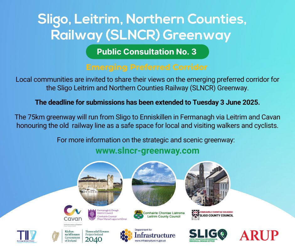 🚵Sligo, Leitrim, Northern Counties Railway (SLNCR) Greenway🚶‍♂️

📢Share your views on the Emerging Preferred Corridor by 3 June 2025. 

For further details on Project please visit ow.ly/kpS050VWiWI
#Leitrim #Greenway #SLNCR #Sligo #Cavan #Fermanagh #Omagh