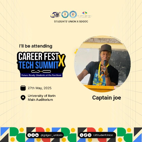 Ajewols's tweet image. I am honoured to be part of Career Fest X Tech Summit happening on the 27th of May, 2025, at the University of Ilorin Main Auditorium. It’s more than just a tech event  it’s a movement to empower future-ready students and innovators.
#CareerFestX #TechSummit #FutureReady