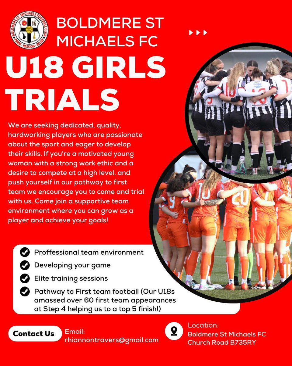 Boldmere St. Michaels Women FC (@boldmere_wfc) on Twitter photo Join us for our first U18s open training session on Wednesday 4th June - 19:00-20:00.
——
To register your interest, please email our U18s manager, Rhiannon Travers on rhiannontravers@gmail.com or fill out our player-enquiry form now (link in bio). Join us for our first U18s open training session on Wednesday 4th June - 19:00-20:00.
——
To register your interest, please email our U18s manager, Rhiannon Travers on rhiannontravers@gmail.com or fill out our player-enquiry form now (link in bio).