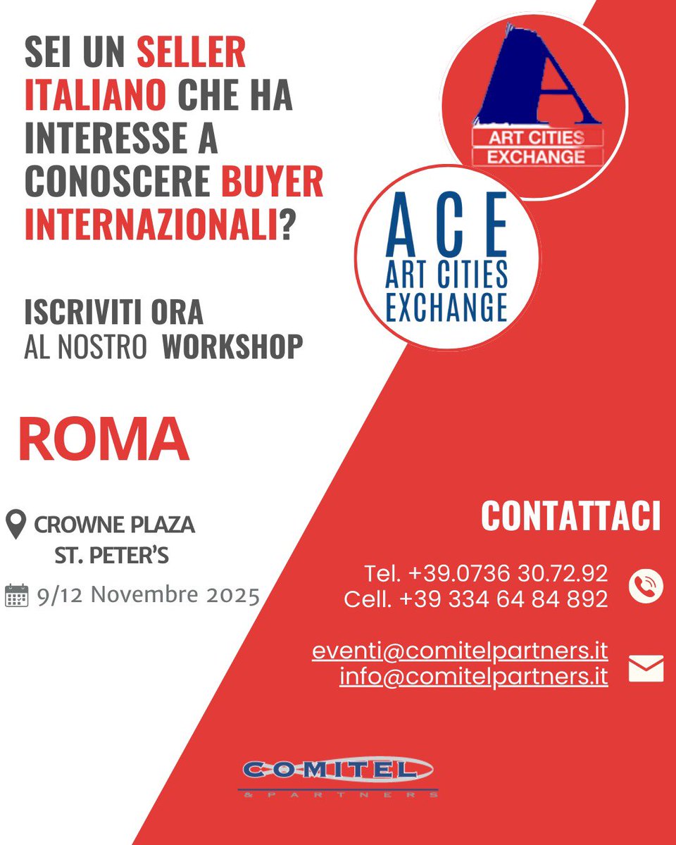 📦🇮🇹 Sei un seller italiano pronto a conquistare il mercato internazionale?
🌍 Ti mettiamo in contatto con buyer da tutto il mondo!
📲 Scrivici o chiamaci per scoprire come possiamo aiutarti.

#ArtCitiesExchange #ACE #comitelpartners #workshop #b2b #turismo #roma #travelling