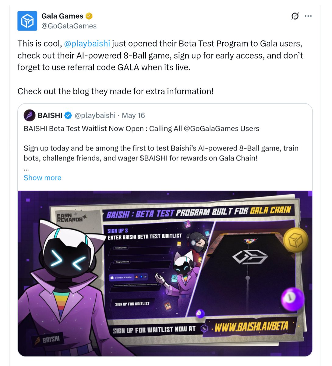 🪂🪂 Baishi BETA Waitlist / Early Access! <a href="/playbaishi/">BAISHI</a>

➡️ Register Here :  baishi.ai/beta

- Submit your Email 
- Submit Username Telegram 
-  Submit your ETH Address  ( Don't Connect )
- Done'

💜 + RT + Comment + Bookmark 🔖