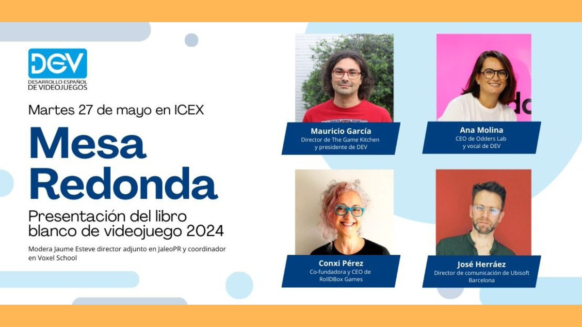 ¡ES MAÑANA!

Nuestra cofundadora y CEO (<a href="/ConxiPerez/">Conxi Perez Andreu</a>), asistirá este martes 27 de mayo a la 𝘗𝘳𝘦𝘴𝘦𝘯𝘵𝘢𝘤𝘪ó𝘯 𝘥𝘦𝘭 𝘓𝘪𝘣𝘳𝘰 𝘉𝘭𝘢𝘯𝘤𝘰 𝘥𝘦𝘭 𝘝𝘪𝘥𝘦𝘰𝘫𝘶𝘦𝘨𝘰 2024 en <a href="/ICEX_/">ICEX</a> organizada por <a href="/dev_es/">Desarrollo Español de Videojuegos</a>, donde además participará como ponente en la mesa redonda.

Una gran