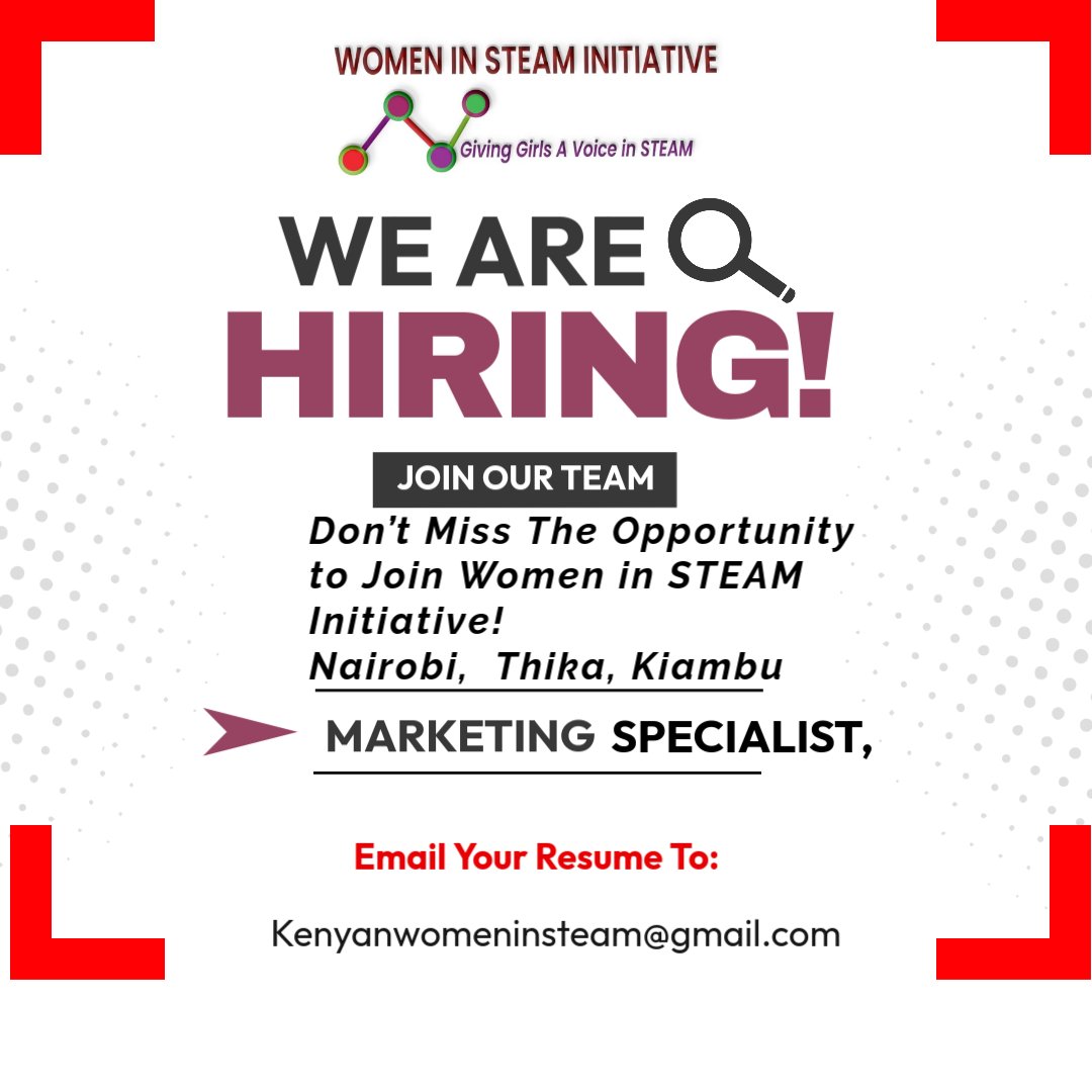 Women in STEAM Initiative (@carol88406810) on Twitter photo We are looking for Marketing Specialists to join our team.
Location: Kenya, (Nairobi, Thika, Kiambu)
Know someone: let them send their application to kenyanwomeninsteam@gmail.com We are looking for Marketing Specialists to join our team.
Location: Kenya, (Nairobi, Thika, Kiambu)
Know someone: let them send their application to kenyanwomeninsteam@gmail.com
