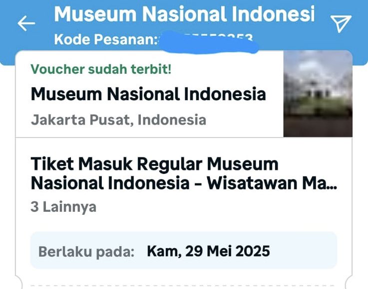 callmetaaaaa's tweet photo. DI JUAL 3 TIKET MUSEUM NASIONAL 

Untuk tgl 29 mei guys, harga asli 50k/tiket, di nego aja soalnya salah booking tanggal 

#museumnasional https://t.co/OYBM2hpjiO