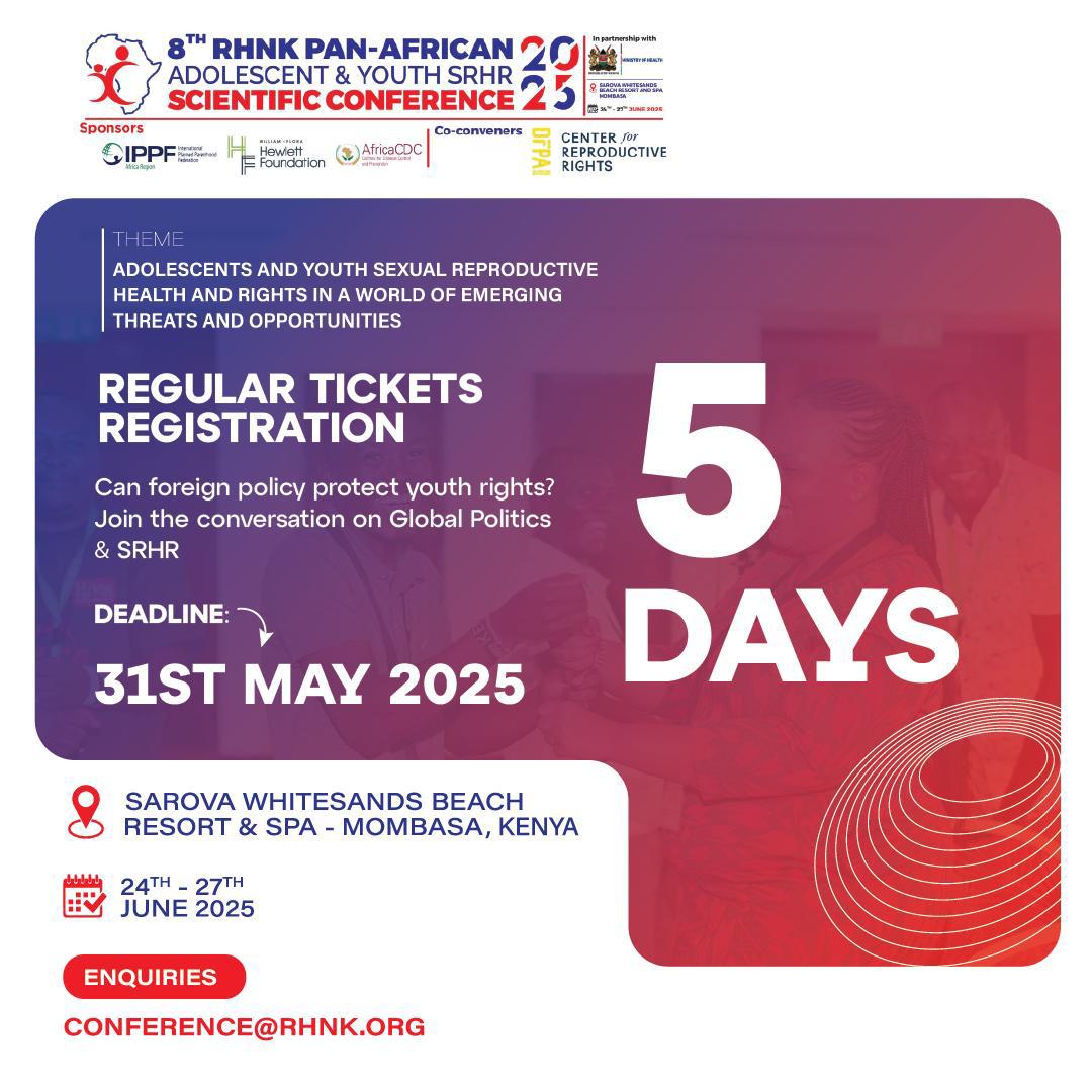 Lucas kalama fondo (@lucas_fondo) on Twitter photo The countdown is ON⏰!
Only 5 days left to grab your regular ticket for the 8th RHNKPan-African AYSRHR Scientific Conference!
Let’s talk Global Politics & SRHR — can foreign policy protect youth rights?
Register NOW👇 rhnk.org/conference
#RHNKConference2025
<a href="/rhnkorg/">Reproductive Health Network Kenya</a> <a href="/aphrc/">APHRC</a> The countdown is ON⏰!
Only 5 days left to grab your regular ticket for the 8th RHNKPan-African AYSRHR Scientific Conference!
Let’s talk Global Politics & SRHR — can foreign policy protect youth rights?
Register NOW👇 rhnk.org/conference
#RHNKConference2025
<a href="/rhnkorg/">Reproductive Health Network Kenya</a> <a href="/aphrc/">APHRC</a>
