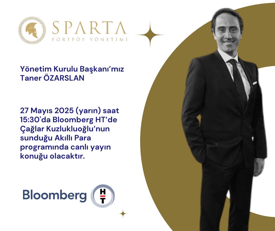 Yönetim Kurulu Başkanı'mız Taner Özarslan yarın saat 15:30'da Bloomberg HT ekranlarında Çağlar Kuzlukluoğlu'nun sunduğu "Akıllı Para" programında canlı yayın konuğu olacaktır. Keyifli seyirler!