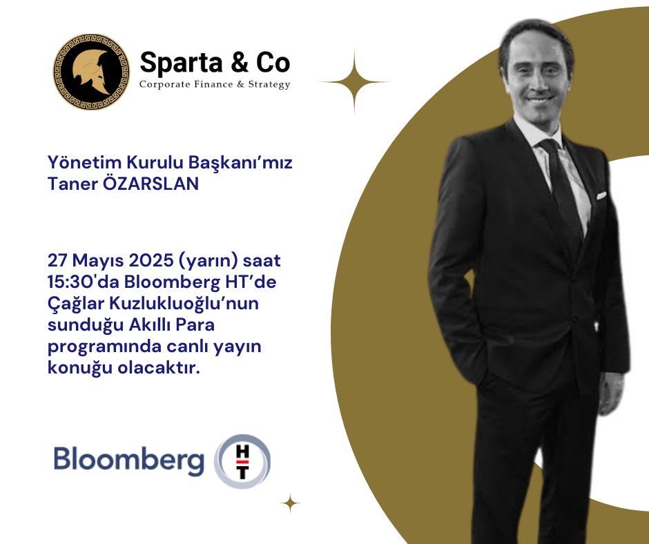 Yönetim Kurulu Başkanı'mız Taner Özarslan yarın saat 15:30'da Bloomberg HT ekranlarında Çağlar Kuzlukluoğlu'nun sunduğu "Akıllı Para" programında canlı yayın konuğu olacaktır. Keyifli seyirler!