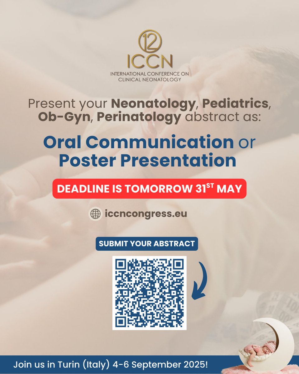 ICCN_Congress's tweet image. The abstract deadline for ICCN 2025 is tomorrow, 31 May.
Share your work with the global #neonatal and #perinatal community and be part of a high-impact scientific programme.
✅ Submit now: bit.ly/ICCN-ABSTRACT
👉 Register here: bit.ly/ICCN-REGISTRAT…
@NeonatologiaMex