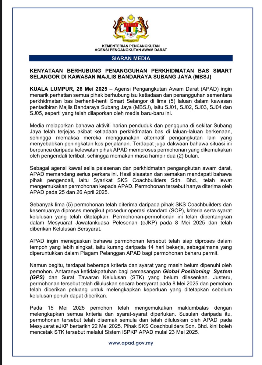 APADchannel's tweet image. 🚌 Penjelasan APAD: Isu Bas Smart Selangor di USJ
APAD maklum isu penangguhan perkhidmatan bas Smart Selangor bagi laluan SJ01–SJ05 di kawasan MBSJ.

#APADchannel  #BasSmartSelangor  #IsuUSJ #PengangkutanAwam  #MalaysiaMadani