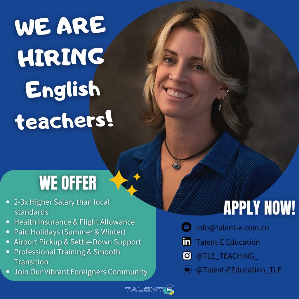 rose_huangrong's tweet image. Teach in Shenzhen! (Native English Speakers)

✔  Z Visa
💸 12-20K RMB/month
🌏 Health Insurance
🏡 5 day Free Hotel

Requirements:
• Bachelor’s Degree
• TEFL/TESOL/CELTA
• Background Check

📧 rose@talent-e.com.cn

#TeachAbroad #ESLTeaching #ChinaJobs