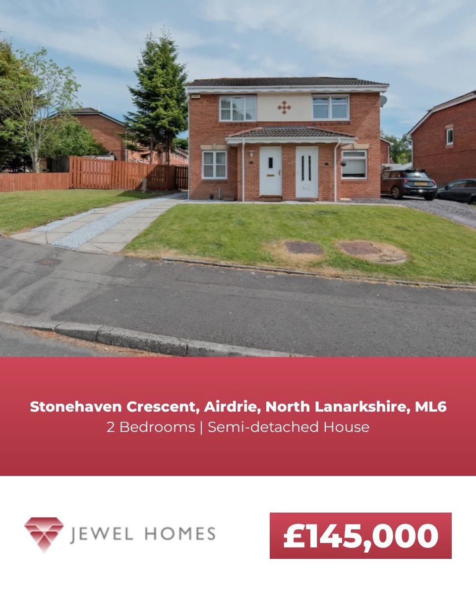 📍 Stonehaven Crescent, Airdrie, North Lanarkshire, ML6
🏠 2 Bedroom, Semi-detached House. 

For more information please visit our website or contact us via:
📞 | 01236 793426 
✉ | info@jewelhomes.co.uk
🌎 | jewelhomes.co.uk

🔥FIXED SALES FEE £600 inc VAT🔥