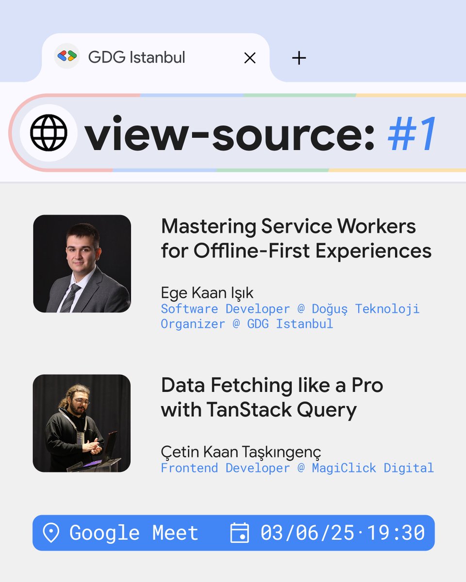 GDGIstanbul's tweet image. 🔍 Frontend geliştirme dünyasına daha yakından bakmak isteyenler için yeni bir seriyle karşınızdayız: view-source!
Serinin ilk etkinliğinde, modern web uygulamalarını daha hızlı, daha verimli ve kullanıcı odaklı hale getiren teknik konulara odaklanıyoruz. Performans…