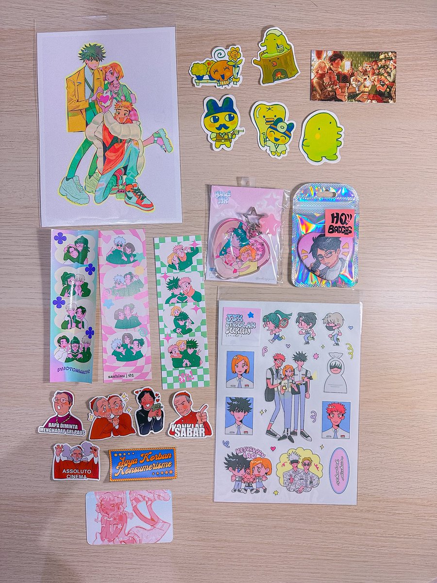 JJK EVERYTHING by <a href="/zahrageprek/">zahra @cfxx G50</a>. Akaashi pin, conclave + tamaset stickers by <a href="/343dry/">tirta 🌱🍉 @CFXX G49-50</a> SHOUTOUT TO MS. TIRTA, you got me to buy A LOT of things. Her stickers are so silly &amp; charming 💙

I’m in love with how delicate zahra’s artstyle is, I wish I bought her haikyuu stuff :(