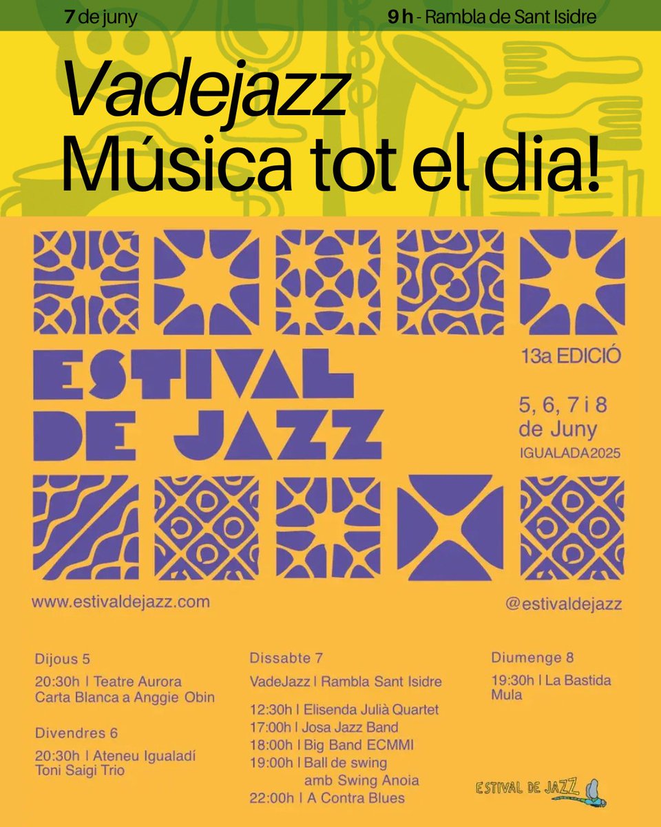 VadeFOODIES (@vadefoodies_igd) on Twitter photo 🎺 Gastronomia i bona música! <a href="/estivaldejazz/">Estival de Jazz</a> també passarà per #vadefoodies2025 👇
12.30 h Vermut Jazz amb Elisenda Julià Quartet
17.00 h Concert amb Josa Jazz Band
18.00 h Concert amb Big Band Emmi
19.00 h Ball de swing amb Swing anoia
22.00 h Concert amb <a href="/acontrablues/">A Contra Blues</a> 🎺 Gastronomia i bona música! <a href="/estivaldejazz/">Estival de Jazz</a> també passarà per #vadefoodies2025 👇
12.30 h Vermut Jazz amb Elisenda Julià Quartet
17.00 h Concert amb Josa Jazz Band
18.00 h Concert amb Big Band Emmi
19.00 h Ball de swing amb Swing anoia
22.00 h Concert amb <a href="/acontrablues/">A Contra Blues</a>