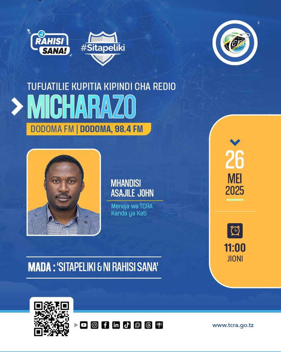 🚨Usikose kufuatilia kipindi cha MICHARAZO kuanzia saa 11 jioni, kupitia DODOMA FM 98.4 
📍 Dodoma
📌Mada: SITAPELIKI &amp; Ni Rahisi Sana
🗓️ 26/5/2025, Jumatatu
🕗 11:00 Jioni
#tcratz #nirahisisana #sitapeliki #klabuzakidijiti #digitalclubs #elimukwaumma