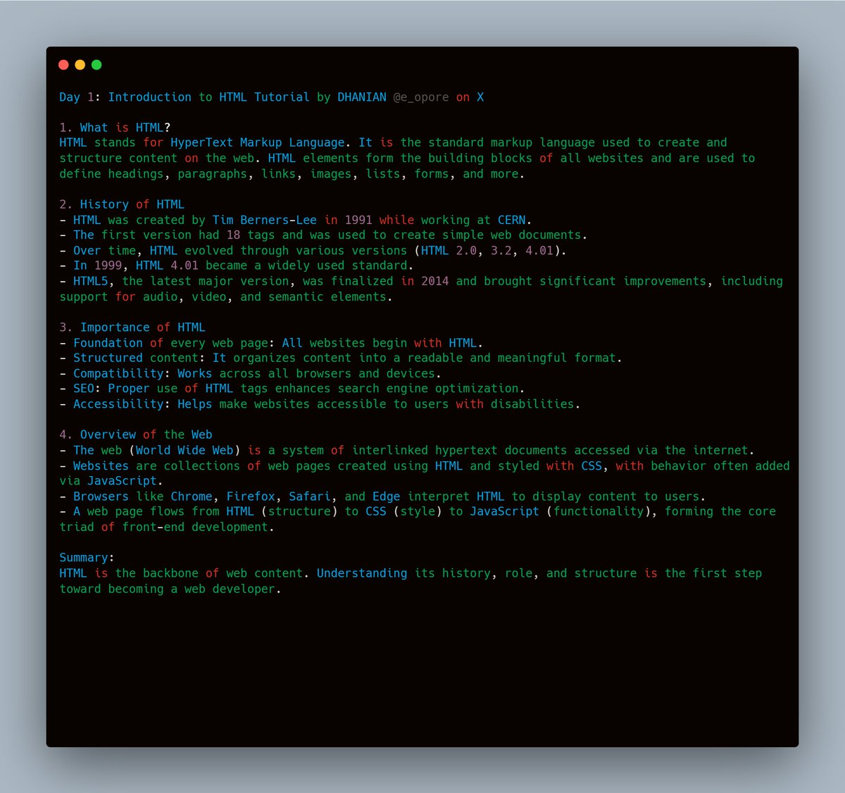 e_opore's tweet image. Day 1: Introduction to HTML  → What is HTML, History, Importance, Overview of Web.

Get the HTML ebook: codewithdhanian.gumroad.com/l/rjmkl