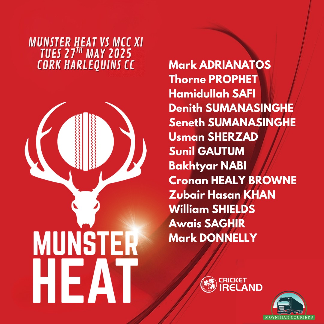 MunsterCricket's tweet photo. There's a cracking game tomorrow at Farmers Cross, as the Munster Heat host an MCC XI for a 40 over fixture. More details on our website this afternoon!

@Cork_CountyCC @LimerickCricket @QuinsCC @Kerry_Cricket @cricketireland https://t.co/wCGG7zeC5f