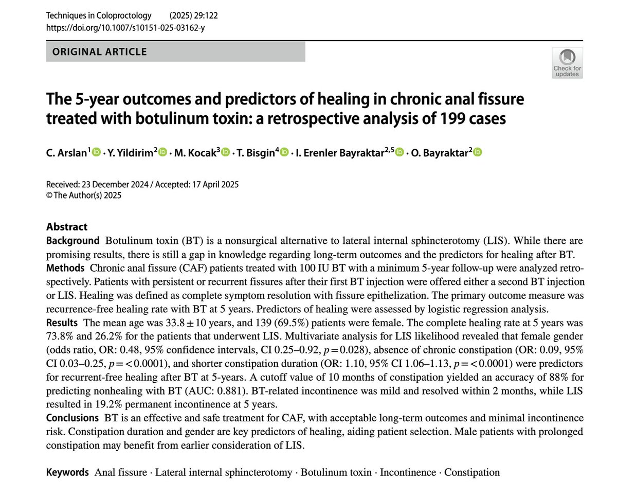 cigdem arslan (@arslannc_md) on Twitter photo How do you choose patients for anal Btx? Our results showed that constipation longer than 10 months and male gender can be predictors of unhealing after botulinum toxin treatment.
Read our latest article published in <a href="/TechColoproctol/">Techniques in Coloproctology Journal</a>!
👉👉rdcu.be/enD55 How do you choose patients for anal Btx? Our results showed that constipation longer than 10 months and male gender can be predictors of unhealing after botulinum toxin treatment.
Read our latest article published in <a href="/TechColoproctol/">Techniques in Coloproctology Journal</a>!
👉👉rdcu.be/enD55